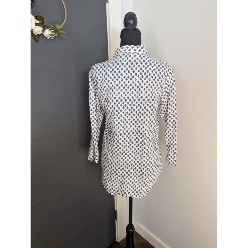 Hester & Orchard White & Blue Polka Dot Linen Blend Button-Up Shirt - Small - Picture 3 of 10
